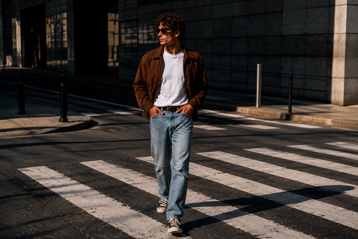 Jaqueta de camurça marrom e jeans atravessando uma faixa de pedestres